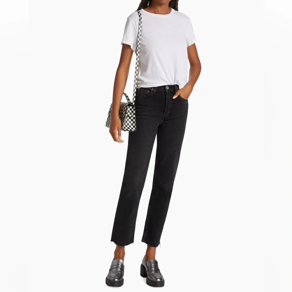 RE/DONE Jeans 70s Ultra High Rise Stove Pipe Black Denim Women Size 26 $265 NWT
